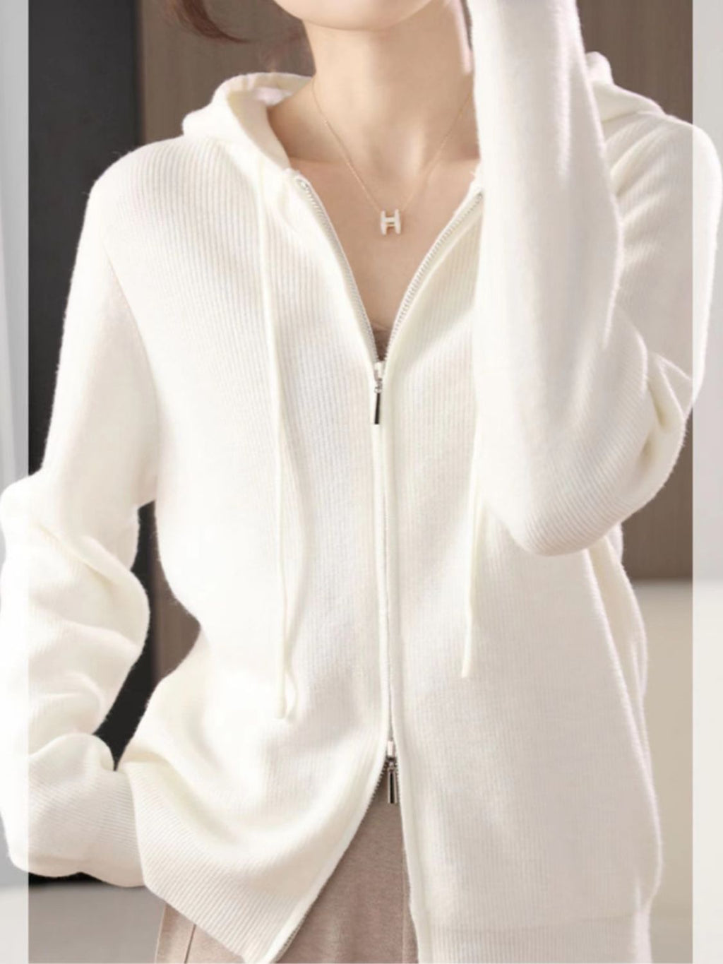 Women's Brown Long Sleeve Zip Up Knit Hoodie with Drawstring - Image 17