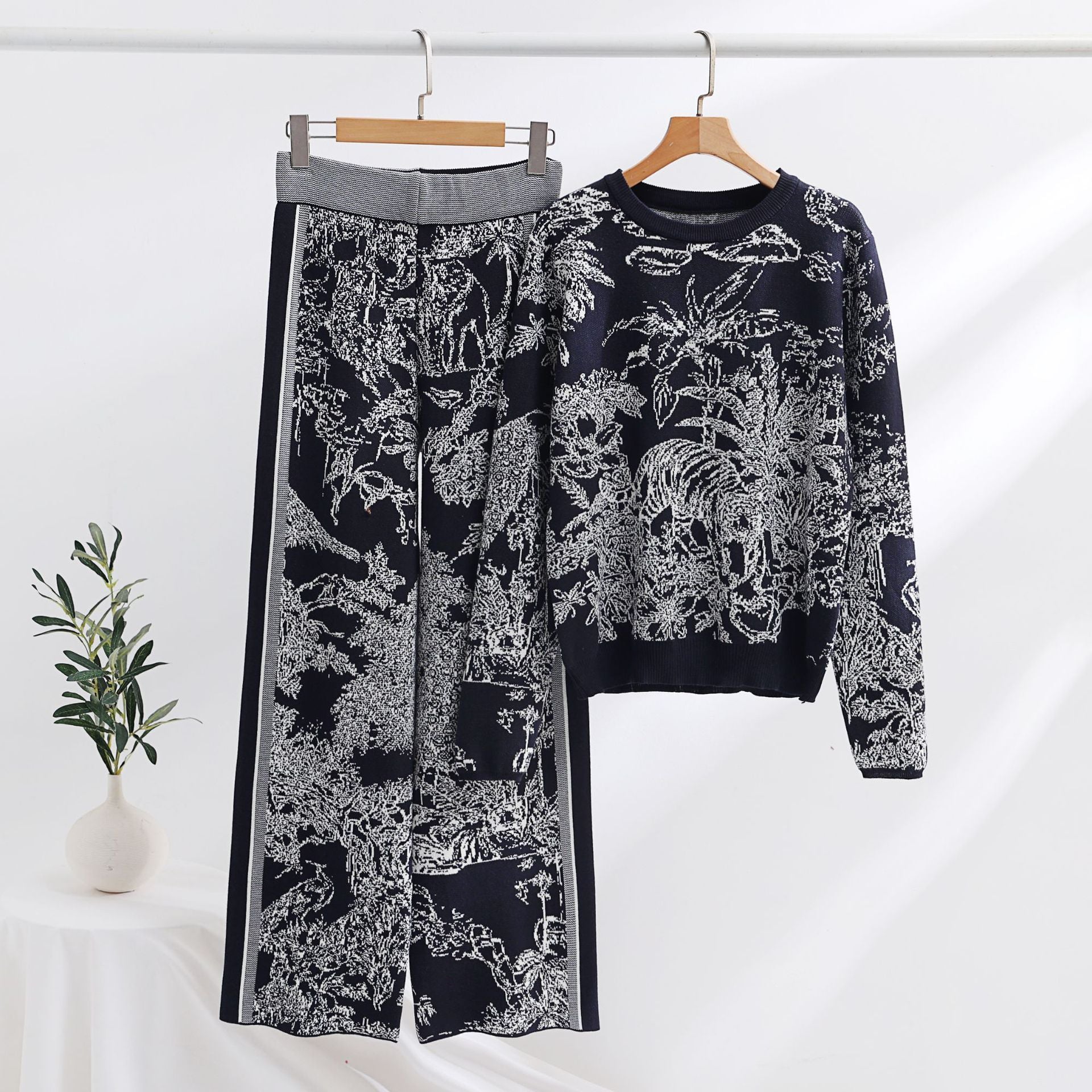 Knitting Patterns Two-piece Set Pullover Long Sleeve Sweater High Waist Wide Leg Top Suit