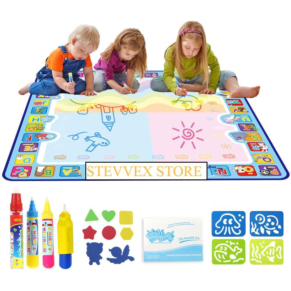 A colorful 100x100cm magic water drawing mat for kids featuring drawing pens and stamps on a white background.