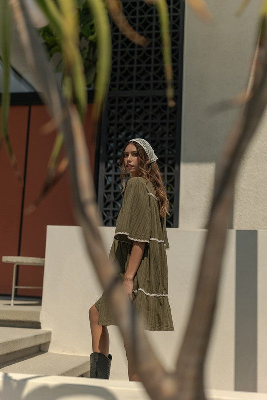 Bohemian Tassel Trim Tiered Midi Dress with Tie Neck