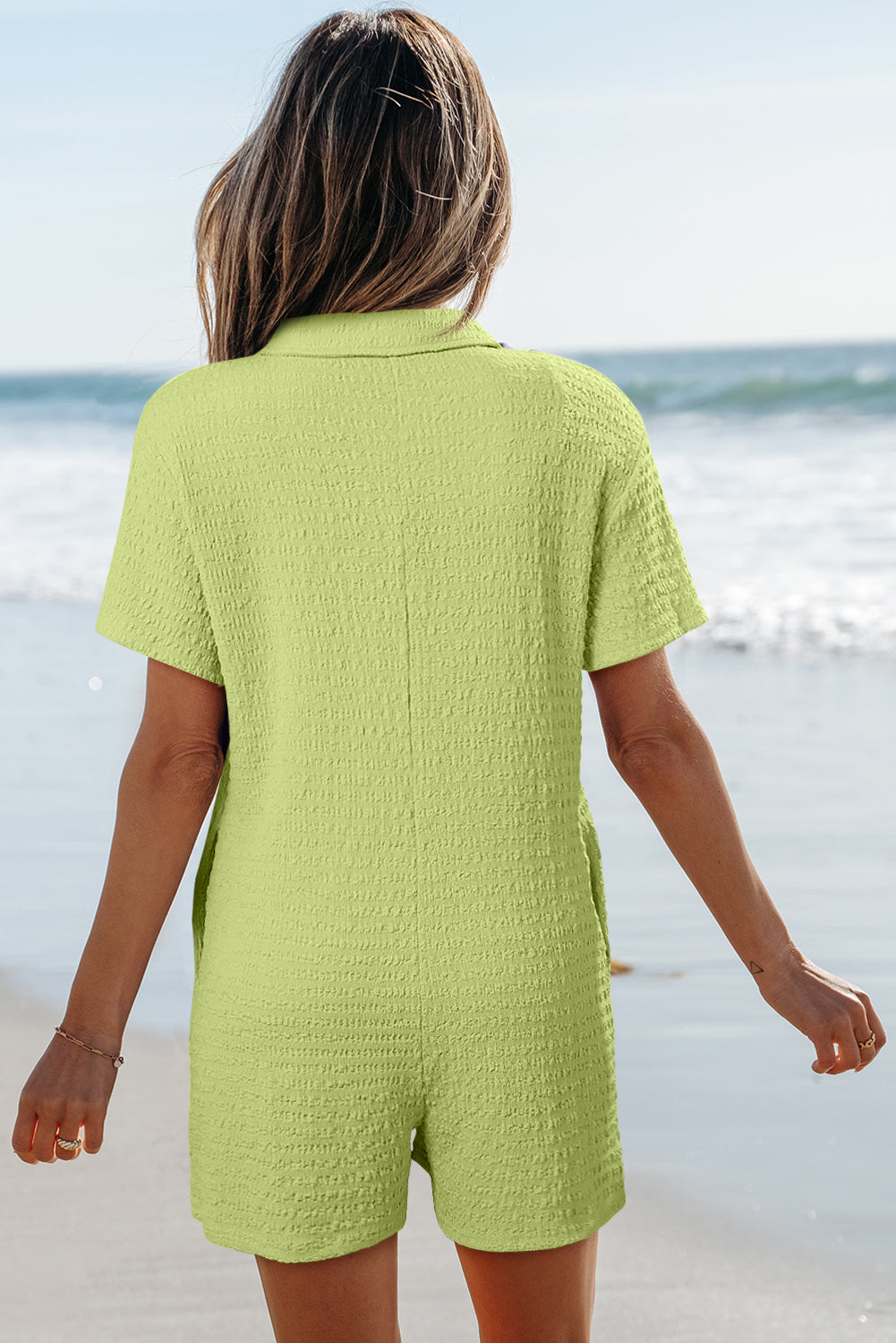 Textured Short Sleeve Patch Pocket Romper