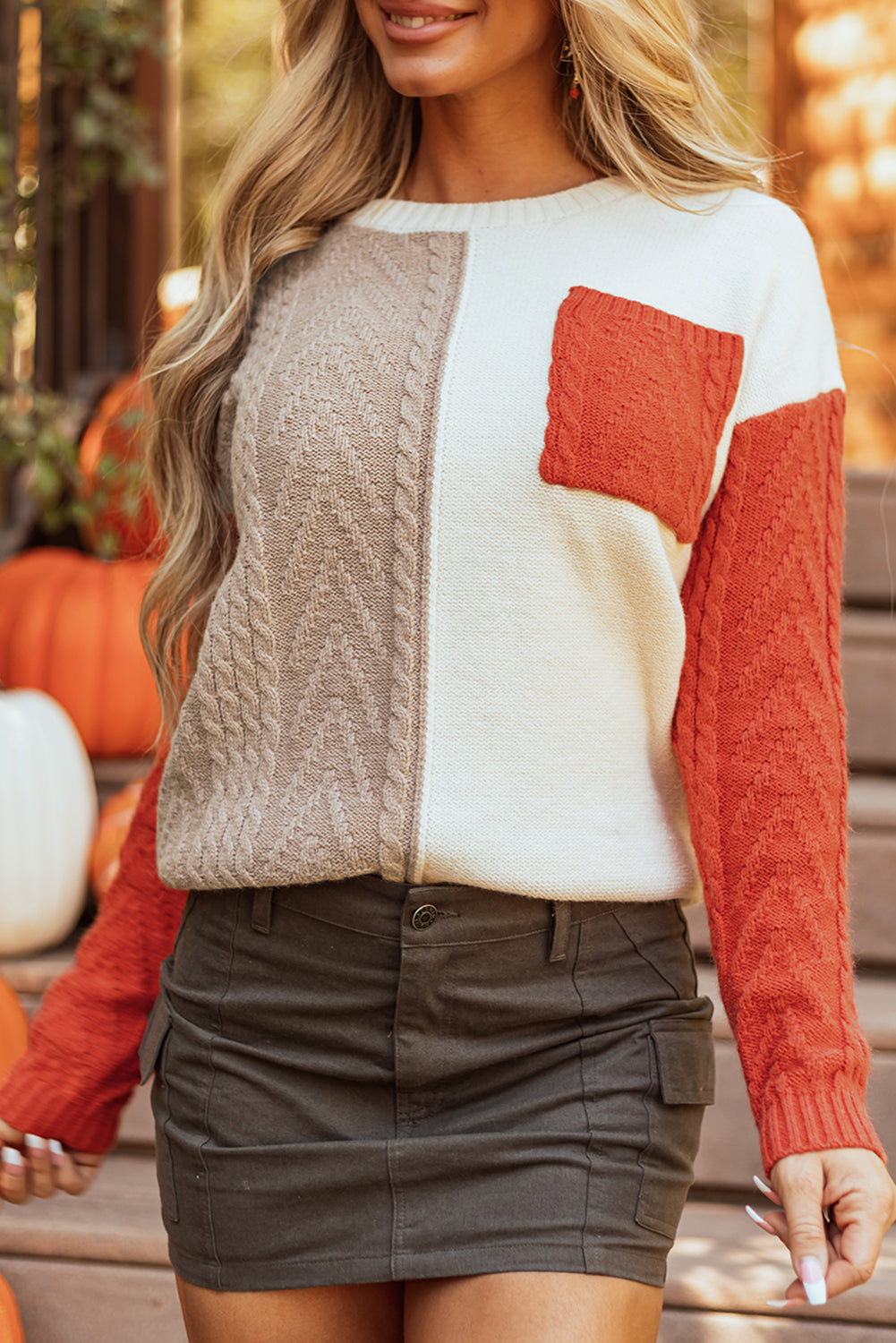 Colorblock Patch Pocket Drop Shoulder Sweater