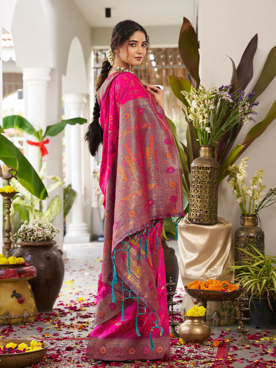 Pink Soft Silk Saree with Grey Blouse