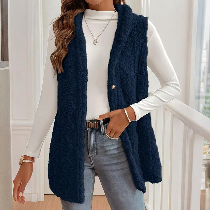 Women's Textured Sleeveless Hooded Vest Button Front Layer - Image 2