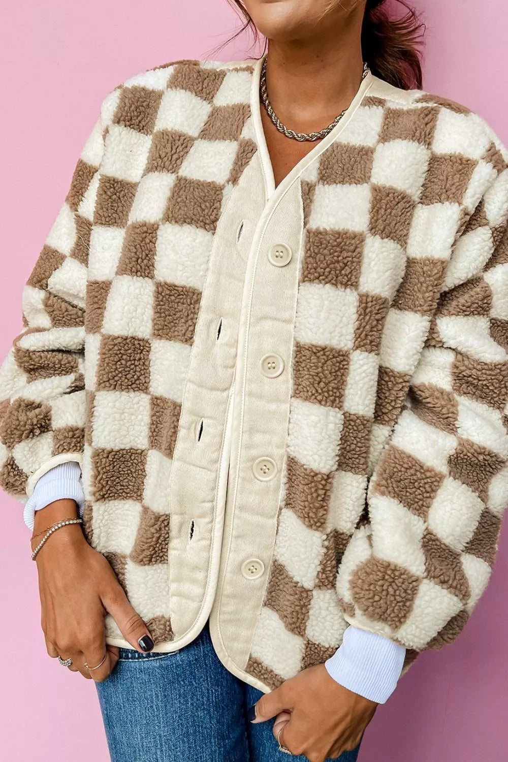 Checkered Sherpa Oversized Button Up Jacket