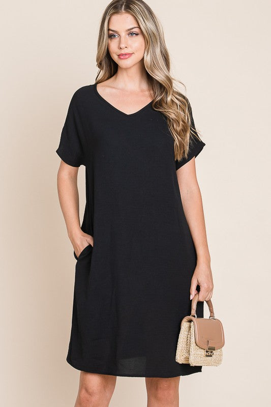 V-Neck Short Sleeve Casual Dress with Pockets