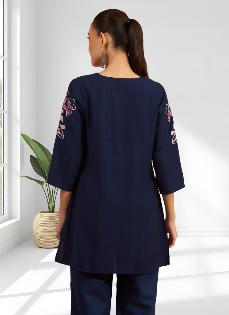 Navy Blue Embroidered Cotton Linen Cord Set - Split V-Neck