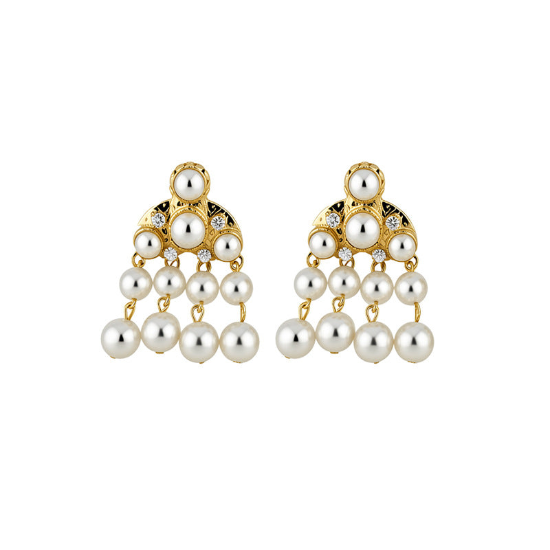 Women French Retro Rhinestone Pearl Tassel Dangle Stud Earrings,Vintage Style Heavy Craft Elegant Versatile Fashion Jewelry For Daily Banquet Occasion