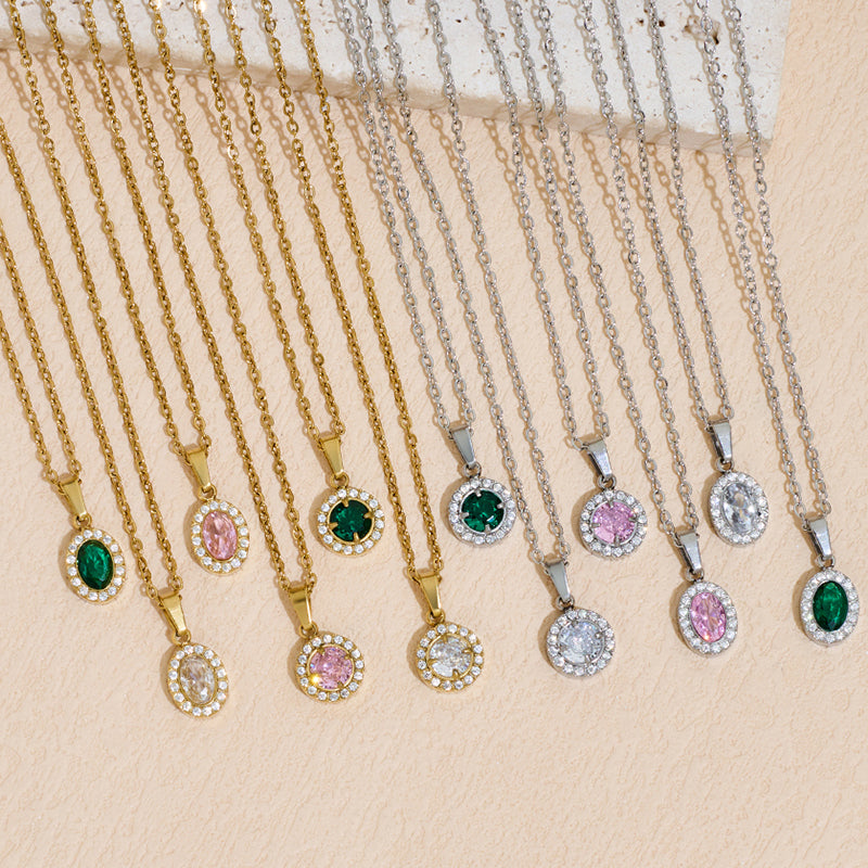 Close-up of a stainless steel pendant necklace featuring a brilliant zircon inlay by Vera Lux.