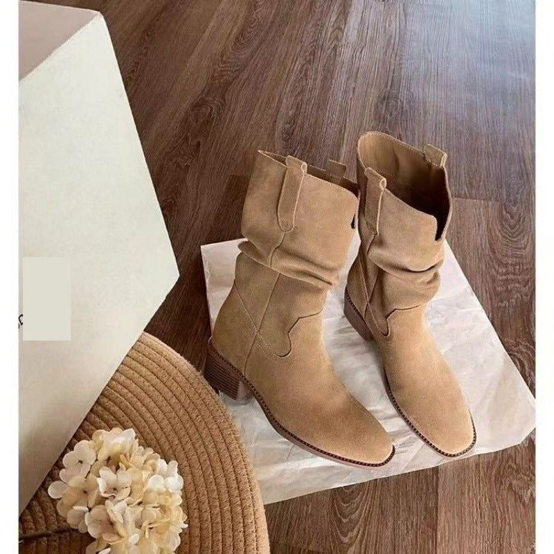 Women’s Western Pleated Short Boots in Tan Cowhide Leather - Image 3