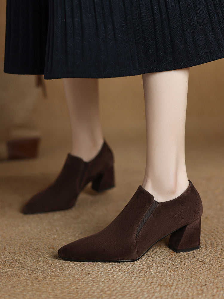 Women's Dark Brown Suede Pointed Toe Chunky Low Heel Pumps - Image 4