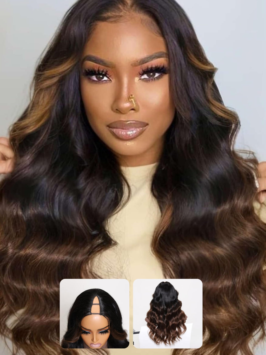 Nadula Highlight V Part Body Wave Wigs Human Hair No Leave Out Black to Chestnut Brown Ombre Upgrade U Part Wigs 12A Glueless Ombre V-part Wavy Wigs Clip in Half Wig Ready to Go 180% Density 16inch