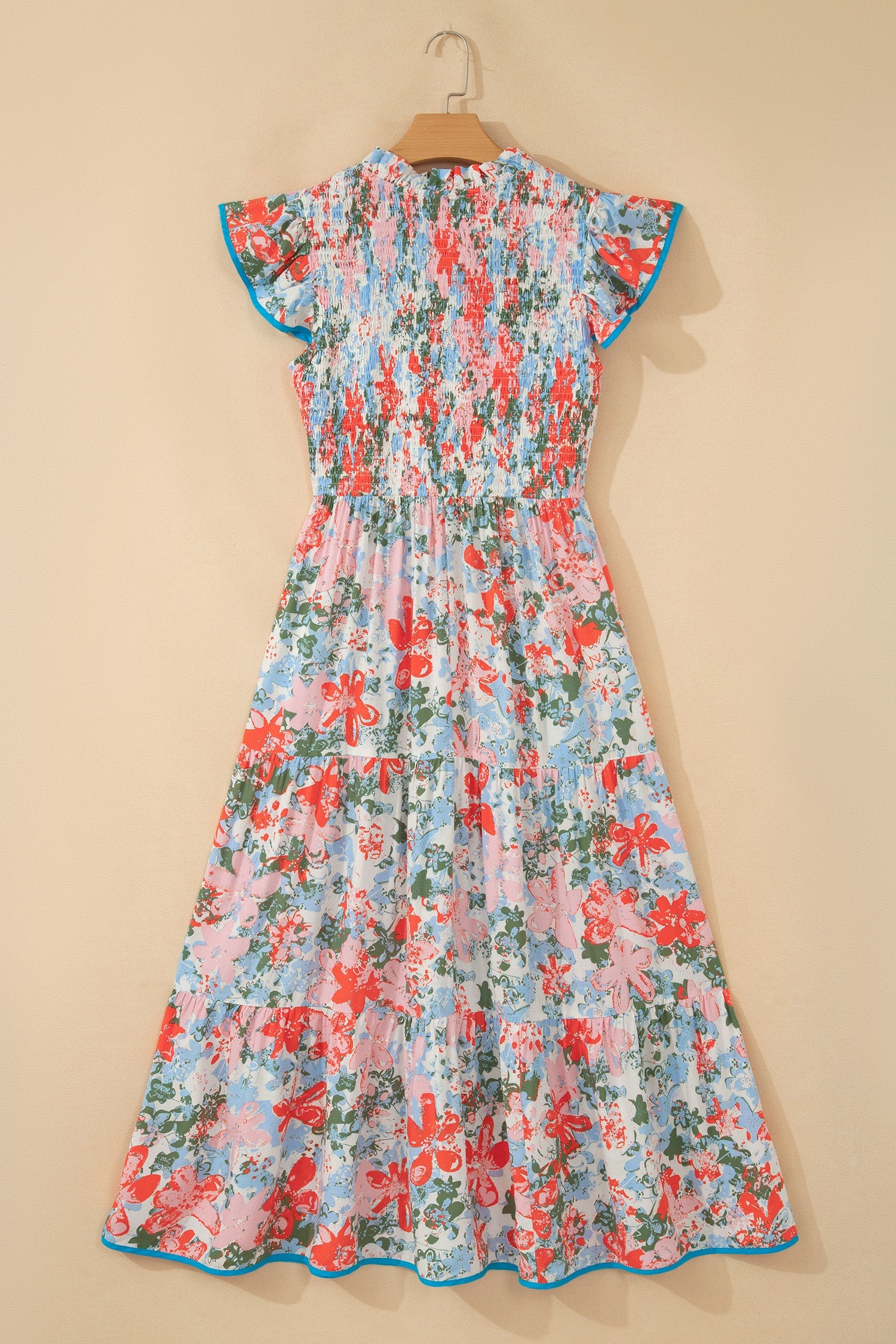 Floral Flutter Sleeve Long Dress with V-Neck and Tiered Skirt