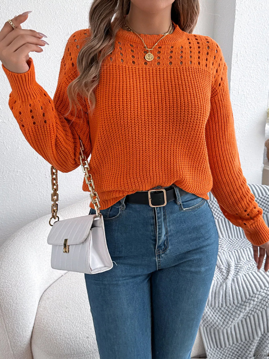 Openwork Round Neck Long Sleeve Sweater
