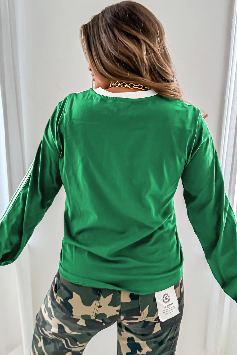 Bright Green Varsity Striped Long Sleeve Crew Neck T-Shirt