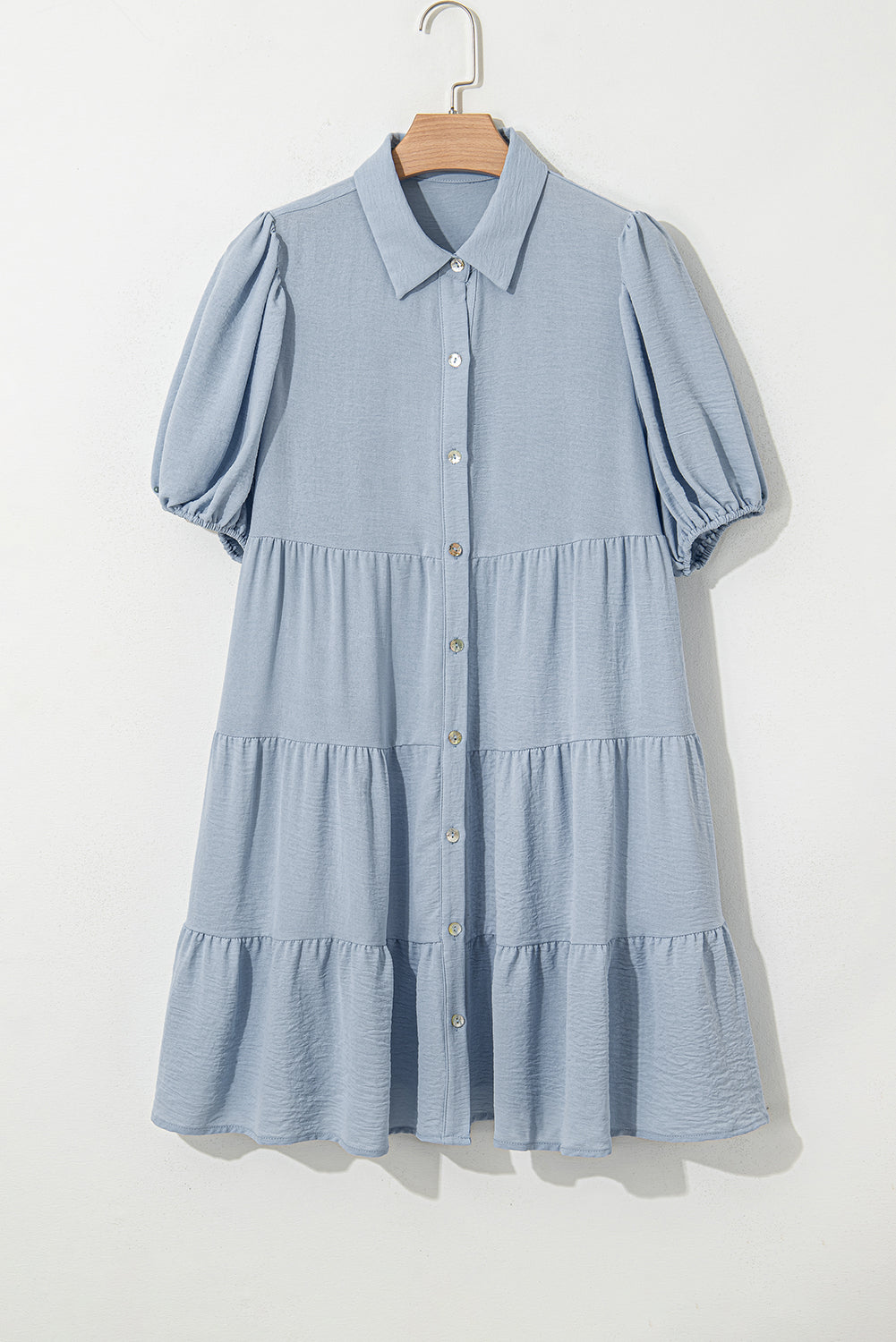 Beau Blue Shirt Collar Button Up Puff Sleeve Tiered Shift Dress