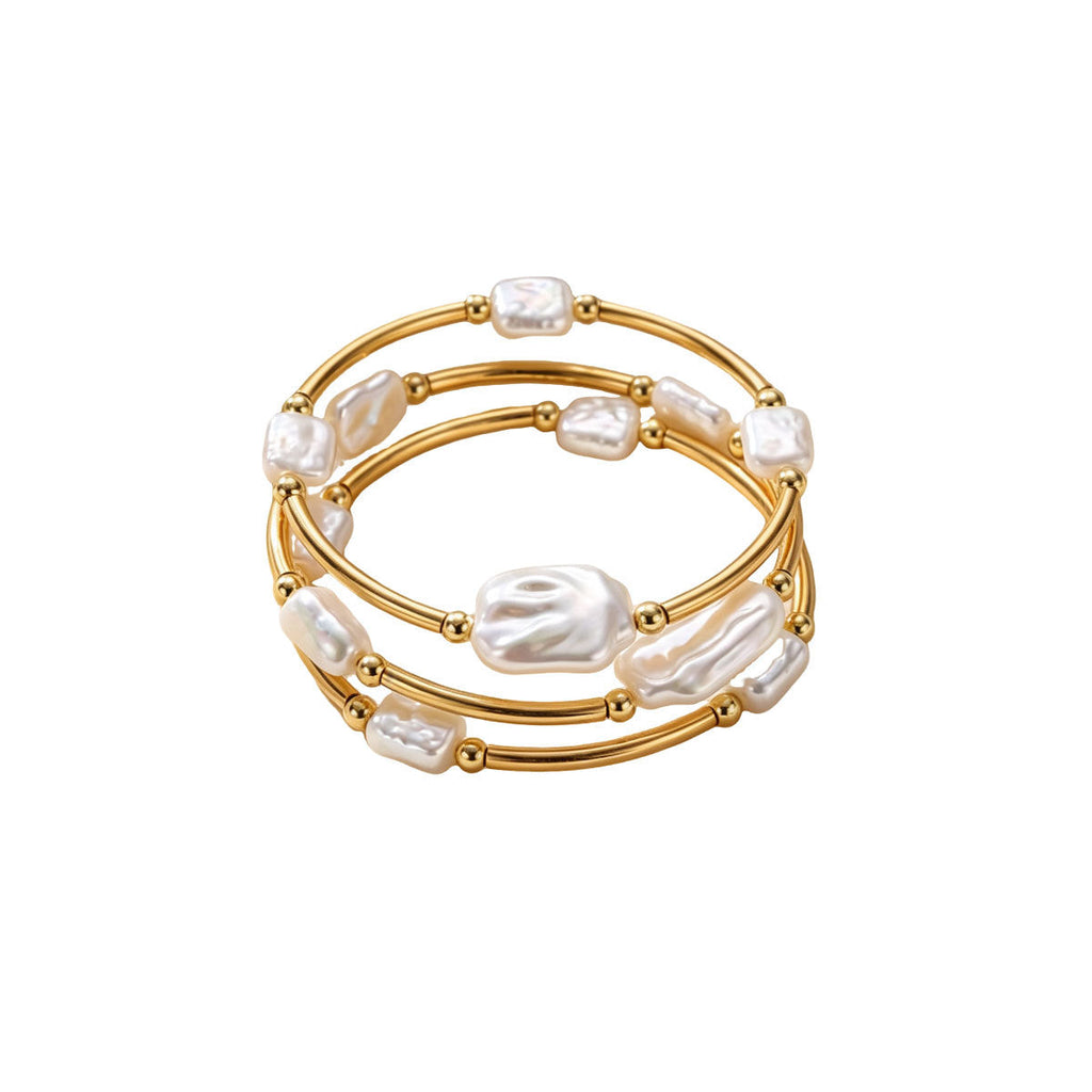 Women Irregular Baroque Faux Pearl Stretch Bangle, Elastic Adjustable Stackable Thin Bracelet Gold Rhodium Two Tone Plated Minimalist Daily Jewelry Gift
