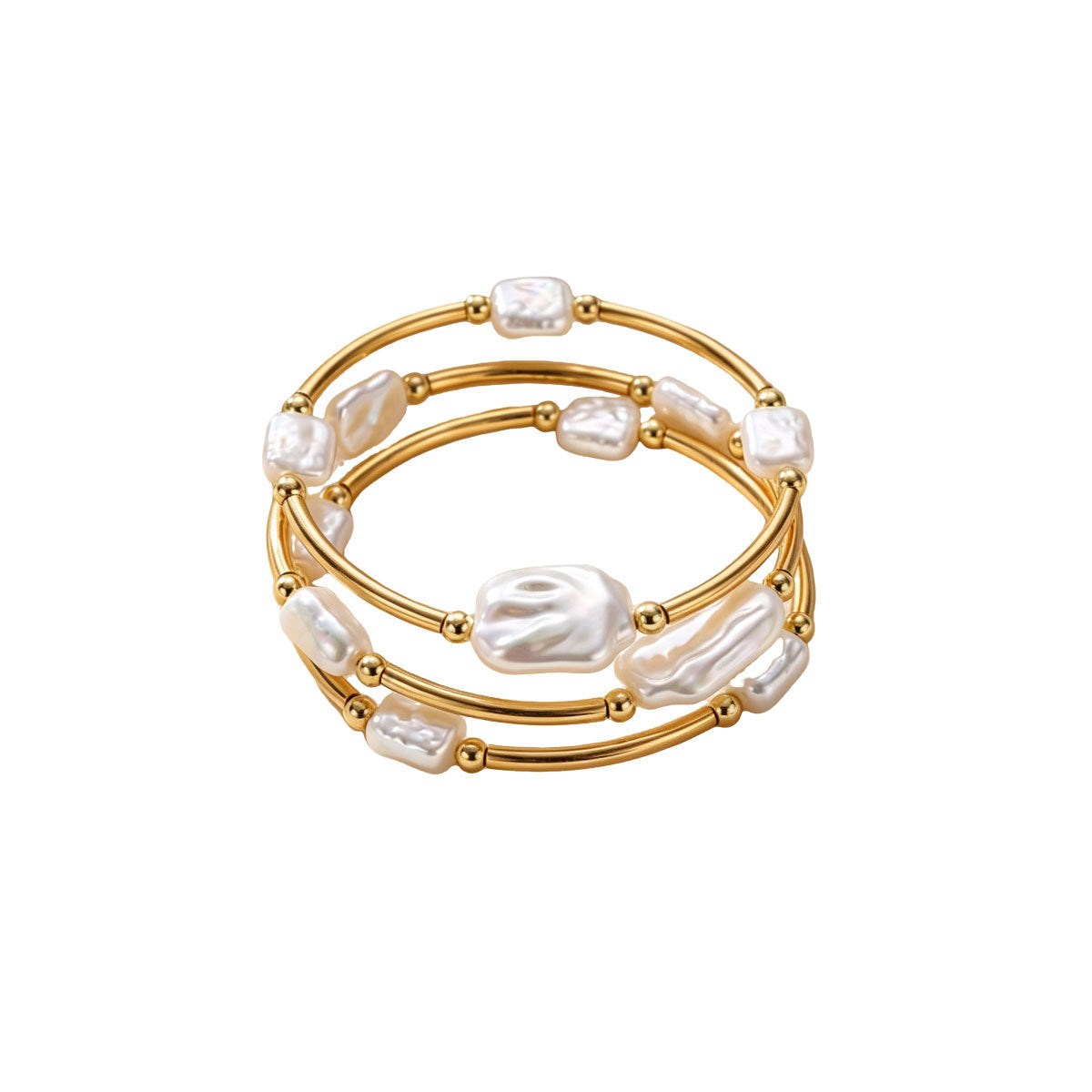 Women Irregular Baroque Faux Pearl Stretch Bangle, Elastic Adjustable Stackable Thin Bracelet Gold Rhodium Two Tone Plated Minimalist Daily Jewelry Gift