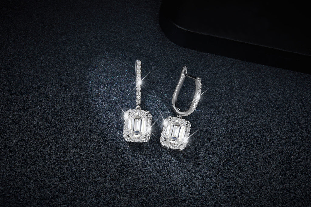 Emerald Cut Moissanite Halo Hoop Earrings in S925 Sterling Silver