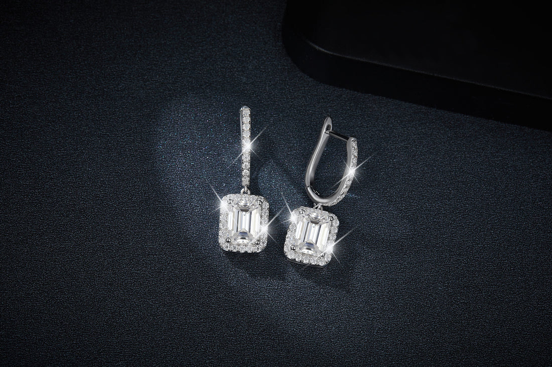 Emerald Cut Moissanite Halo Hoop Earrings in S925 Sterling Silver