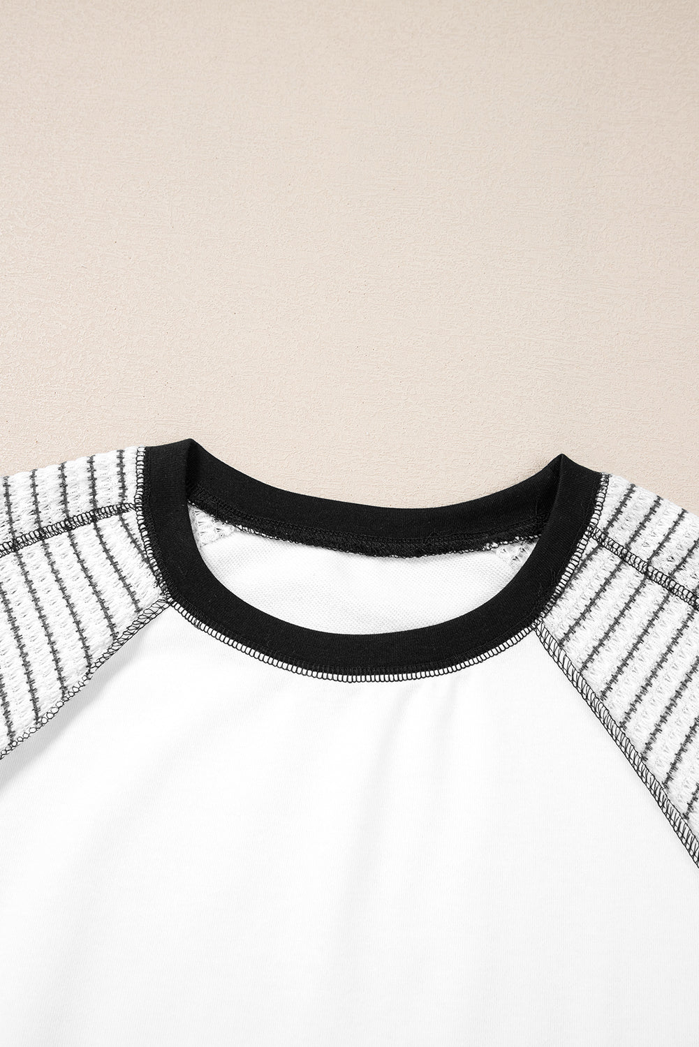 White Patchwork Raglan Sleeve Top with Striped Bracelet Sleeves - Image 6