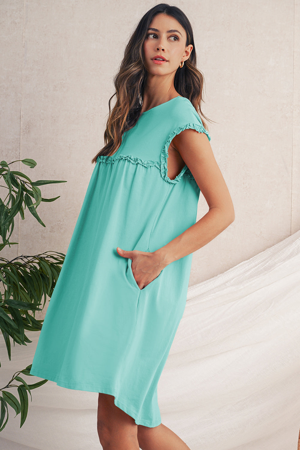 Mint Green Frilled Trim Crewneck Mini Dress | Relaxed Fit
