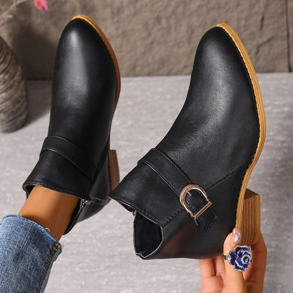 Women's Buckle-Strap Side-Zip Low Block-Heel Ankle Boots