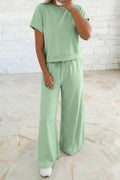 Clearly Aqua Solid Color Loose Tee Drawstring Wide Leg Pants 2pcs Outfit
