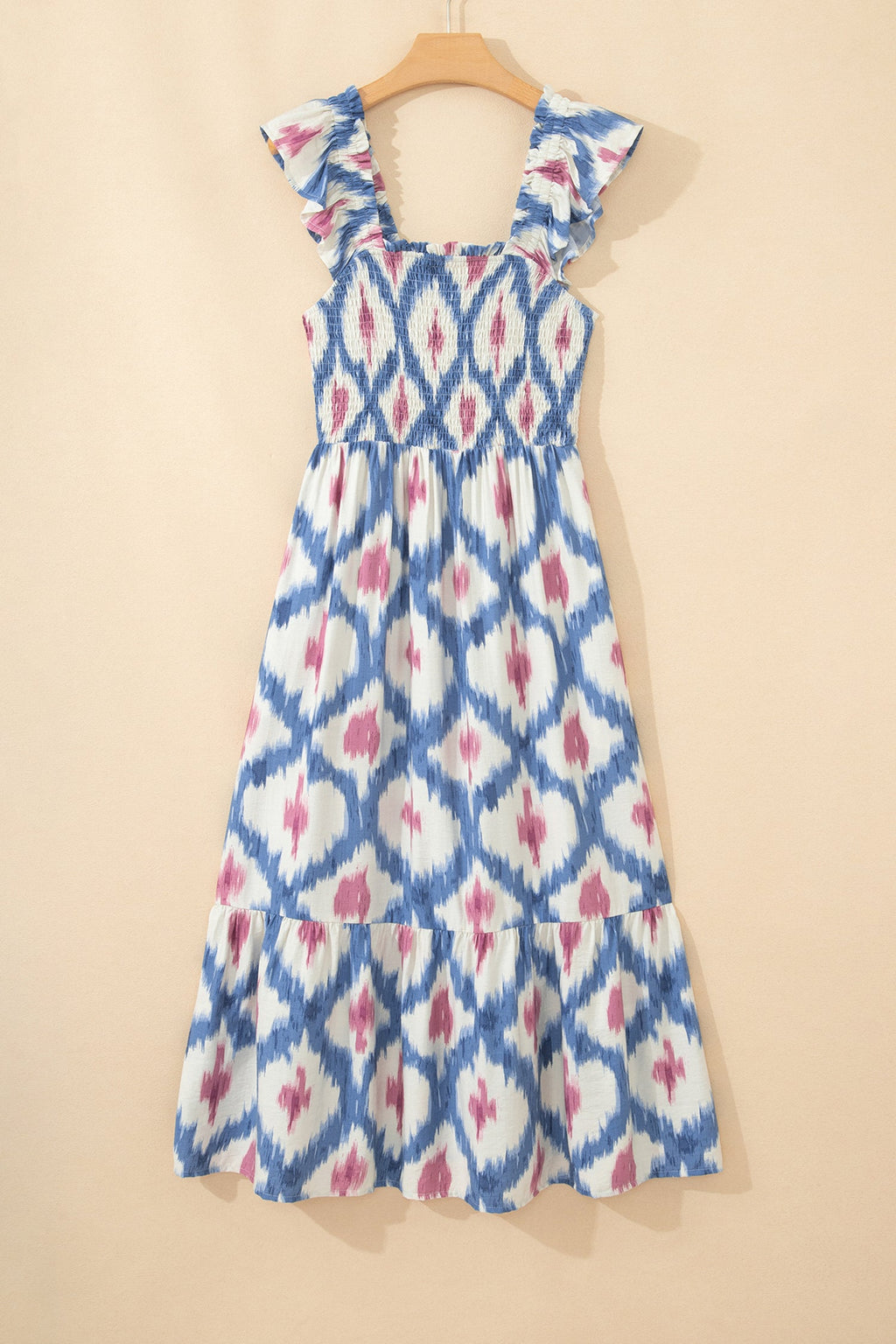 Ruffle Sleeve Boho Mini Dress Abstract Pattern Square Neck