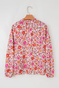 Pink Floral Print Tie Split Neck Bracelet Sleeve Blouse