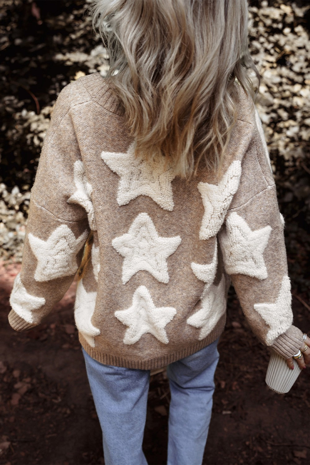 Women's Star Pattern Button-Up Cardigan in Taupe and Cream - Image 4