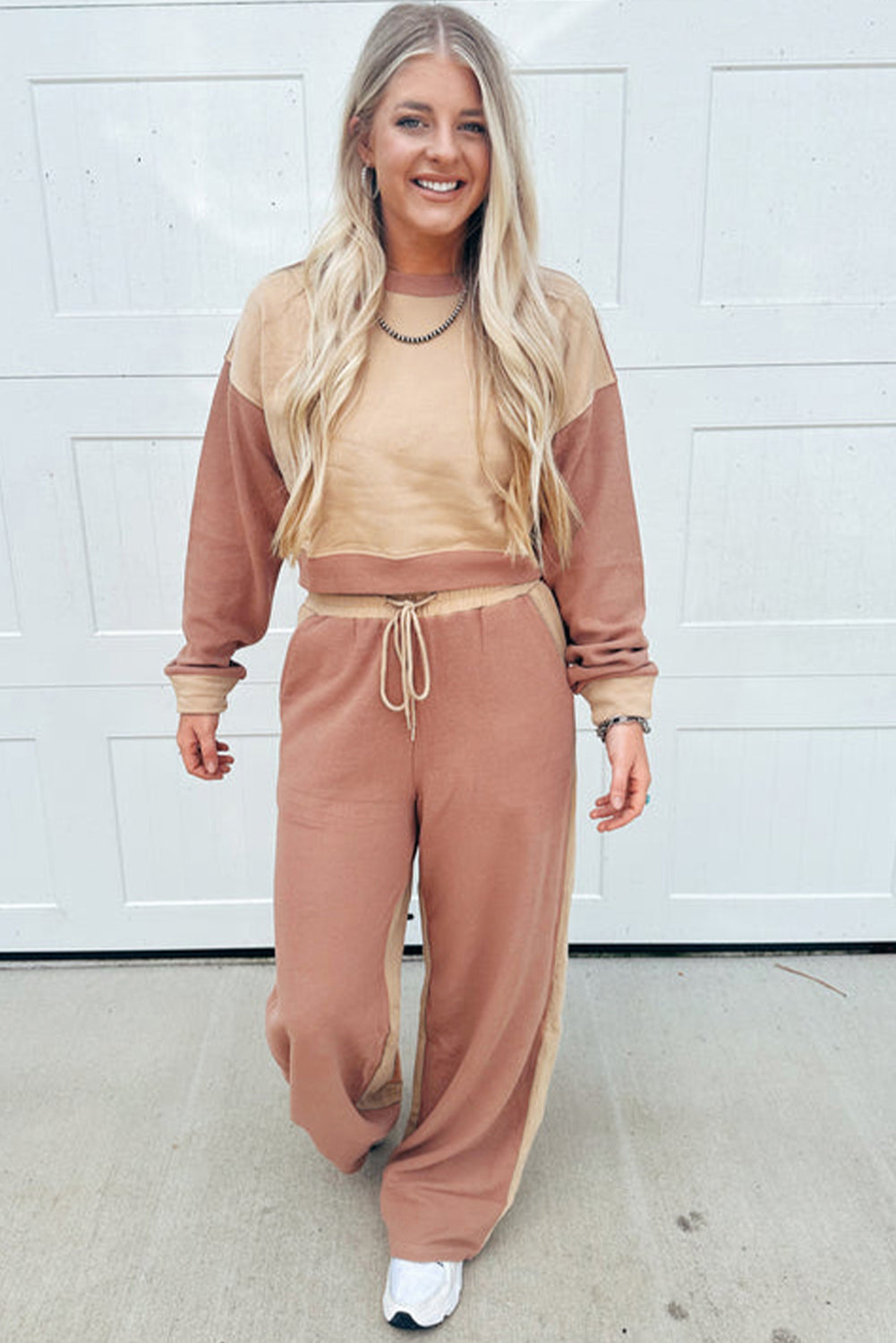 Khaki Color Block Crop Top & Drawstring Pant Set