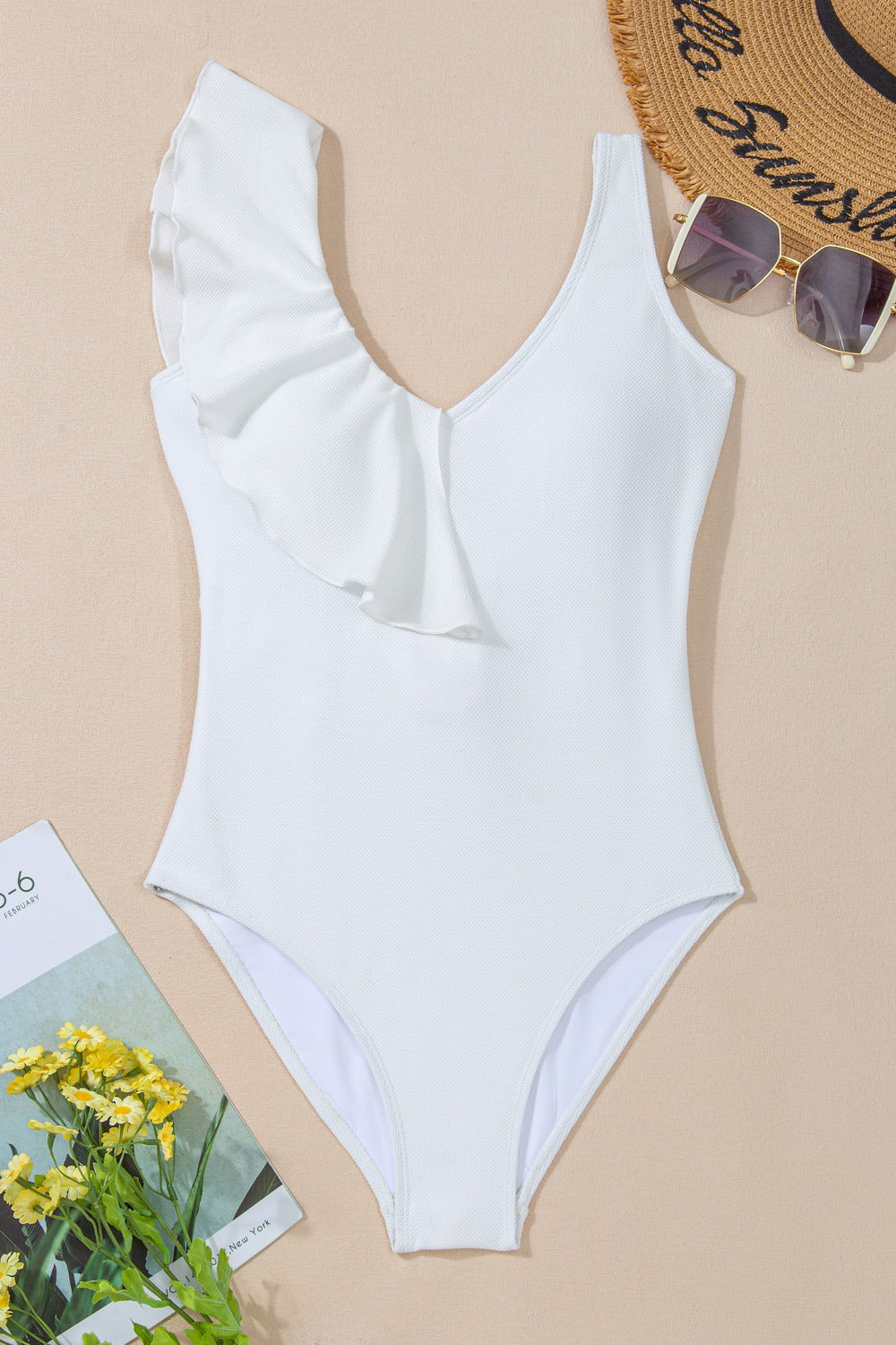 White Ruffled V-Neck One-Piece Swimsuit with Tie Waist Detail