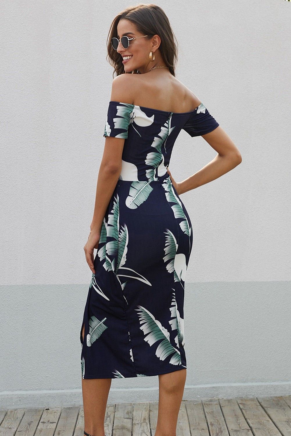 Charming Printed Off-Shoulder Midi Dress with Side Slit