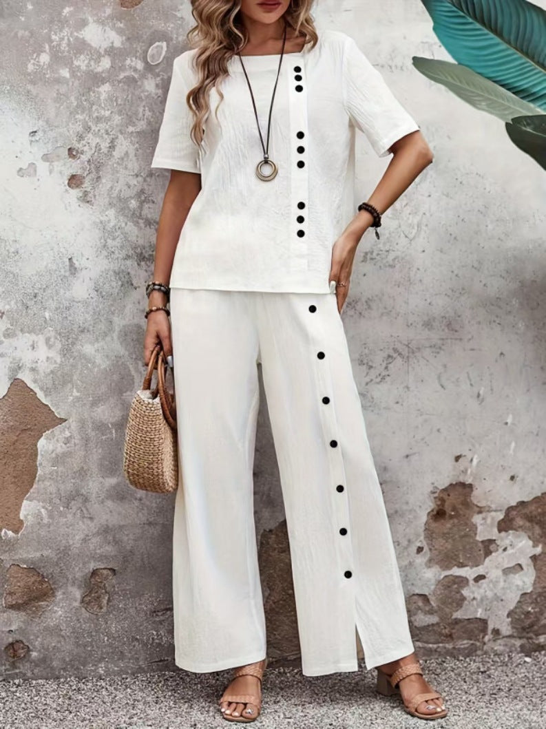 Women's Two-Piece Button-Detail Linen Blend Matching Set - Image 7