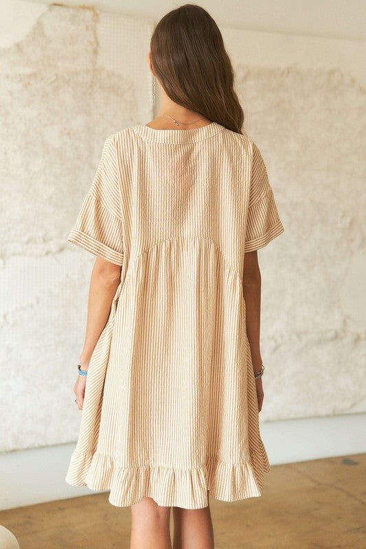 Striped V-Neck Babydoll Dress with Ruffled Hem - Beige & White