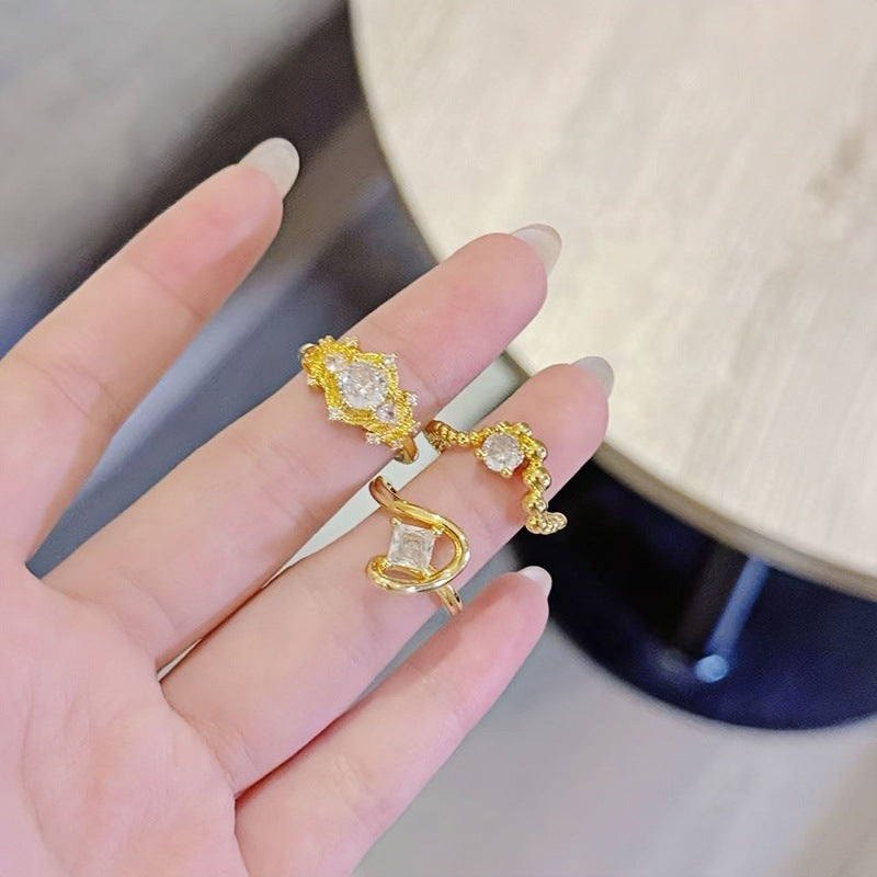 Trendy gold geometric adjustable ring with zircon inlays for women