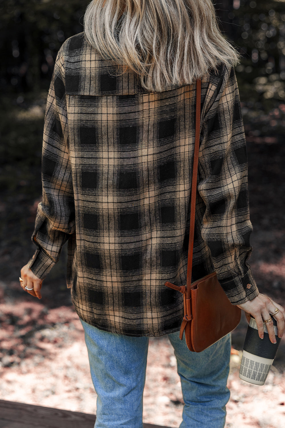 Women's Plaid Brushed Shacket in Tan and Black - Relaxed Fit