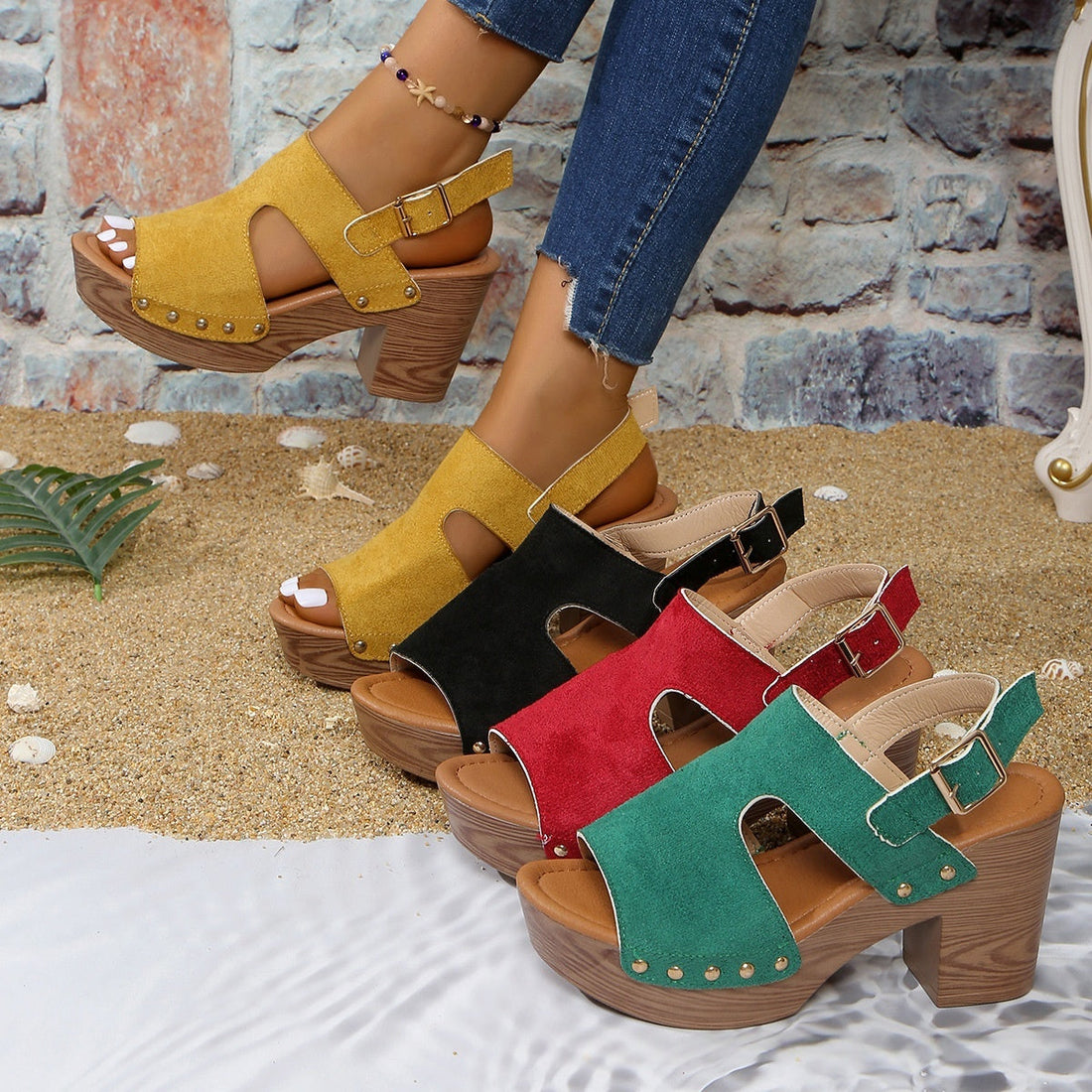 Women's peep-toe chunky heel buckle sandals in solid colors