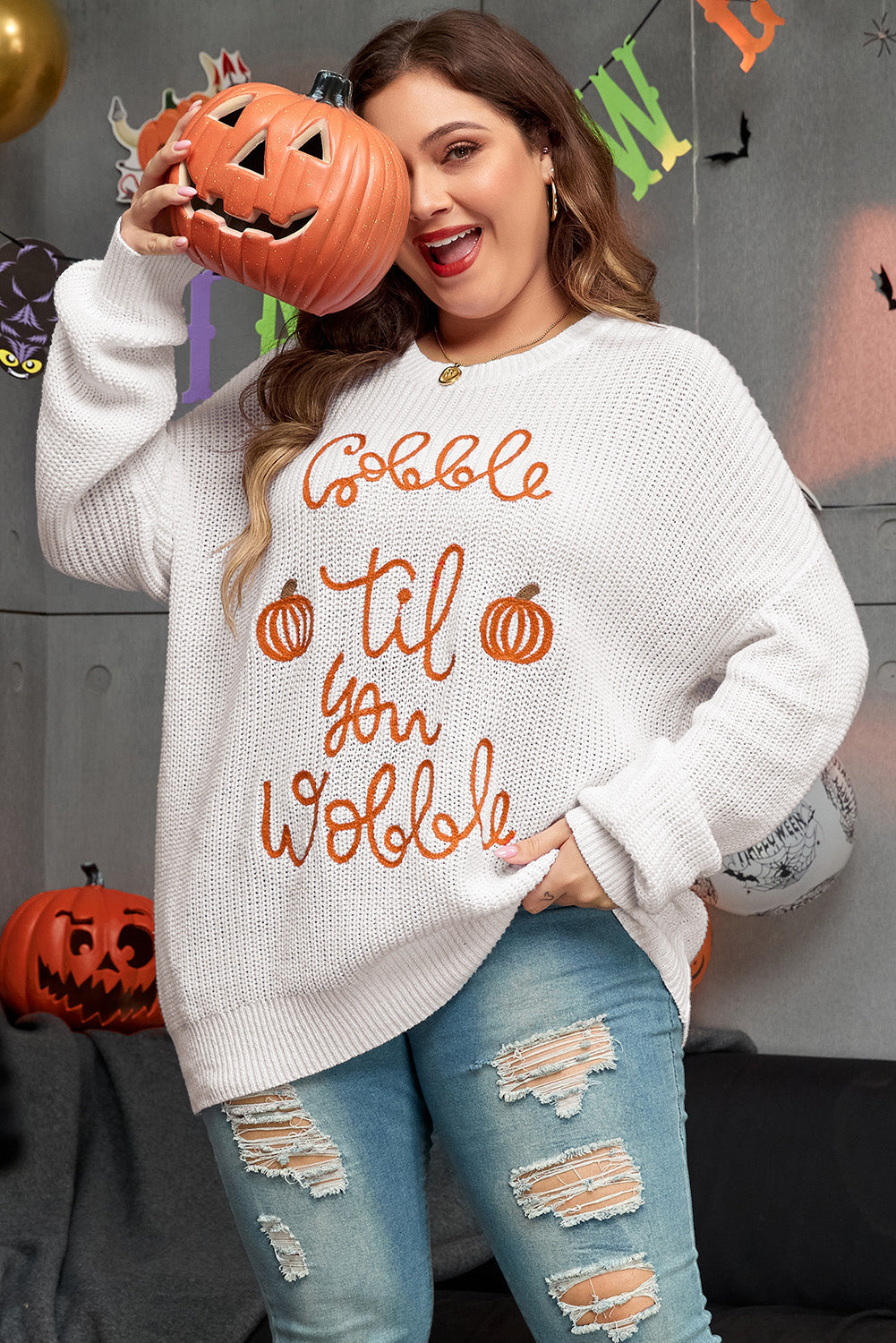 Plus Size Gobble Til You Wobble Crochet Sweater