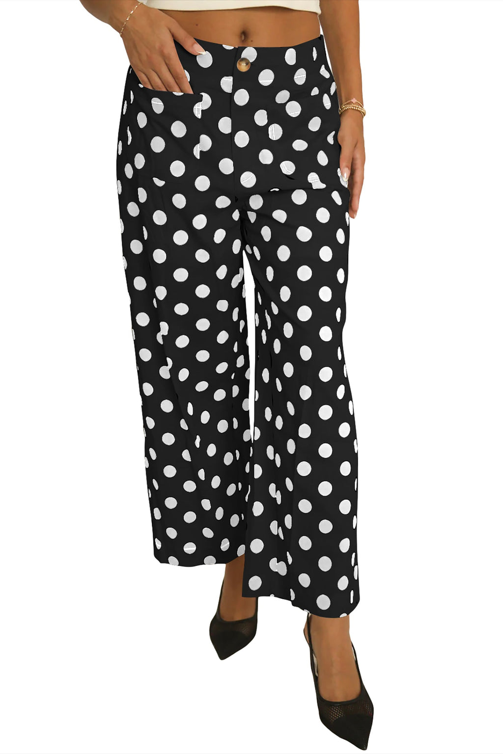 White Polka Dot Loose Wide Leg Pants with Patched Pockets