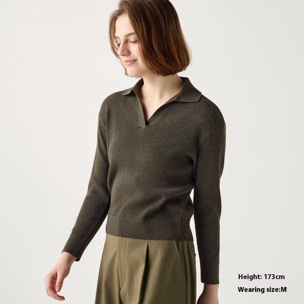 Women’s Ribbed Half-Open Collar Sweater in Taupe - Image 6
