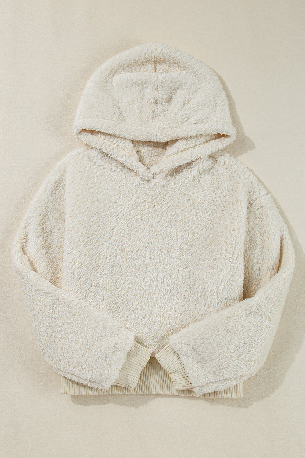 White Plush Hoodie with Contrast Ribbed Hem and Cuffs