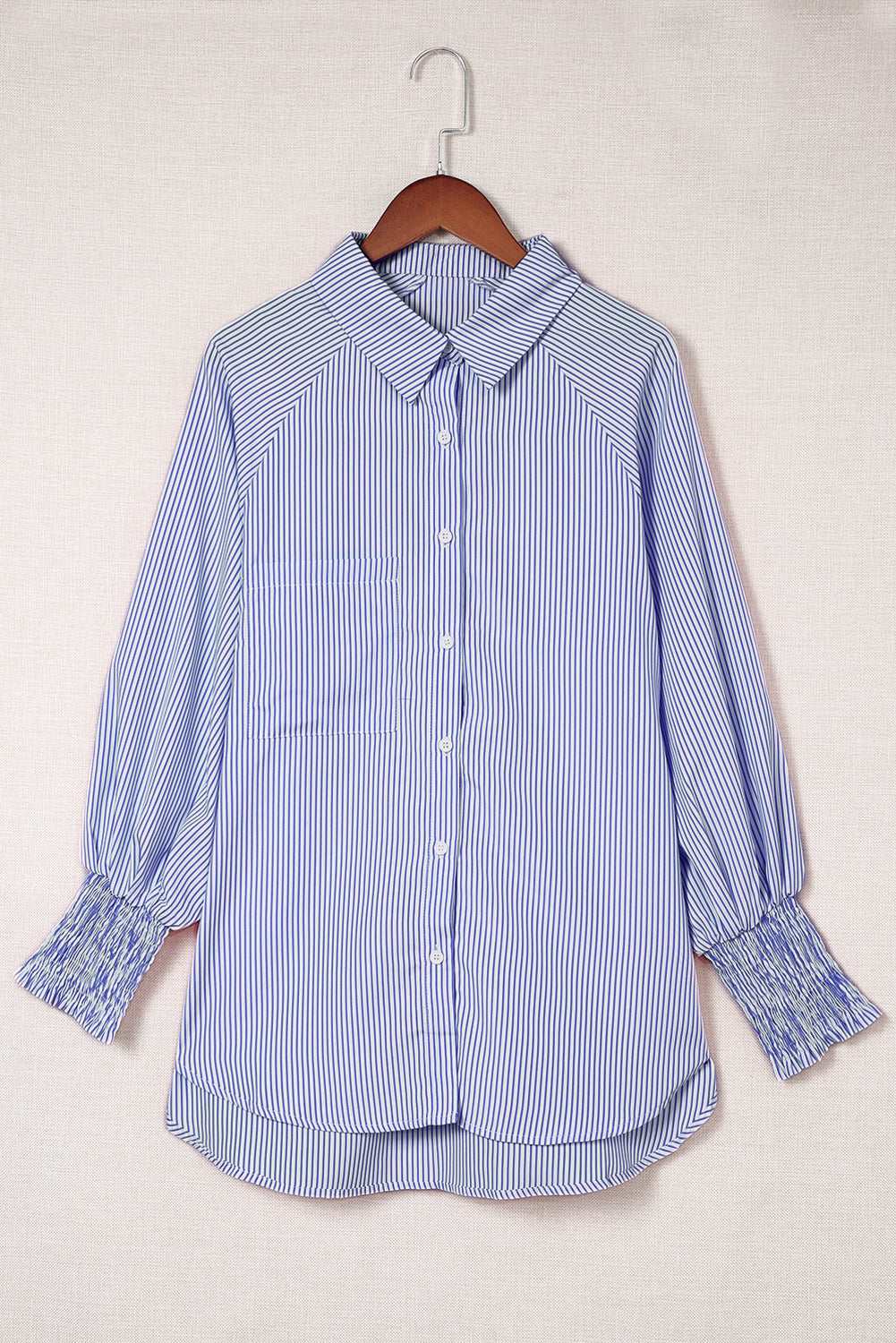 Blue Striped Casual Shirt with Shirred Cuffs | Polyester