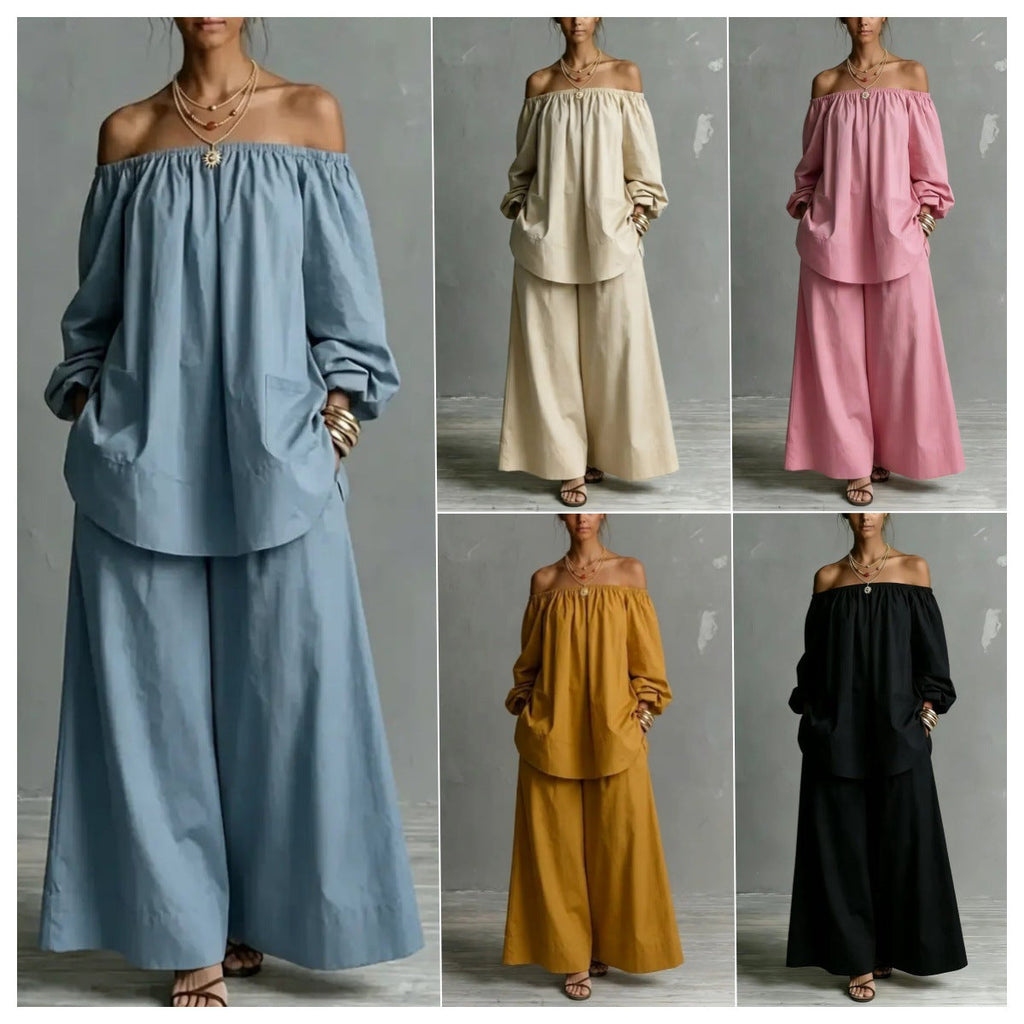 Model wearing an off-shoulder cotton-linen wide-leg pants set available in various solid colors.