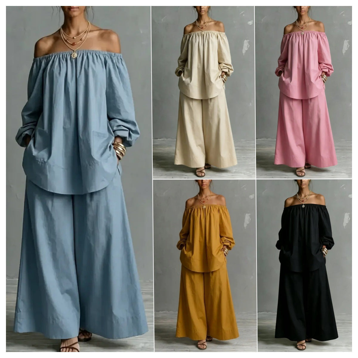 Model wearing an off-shoulder cotton-linen wide-leg pants set available in various solid colors.
