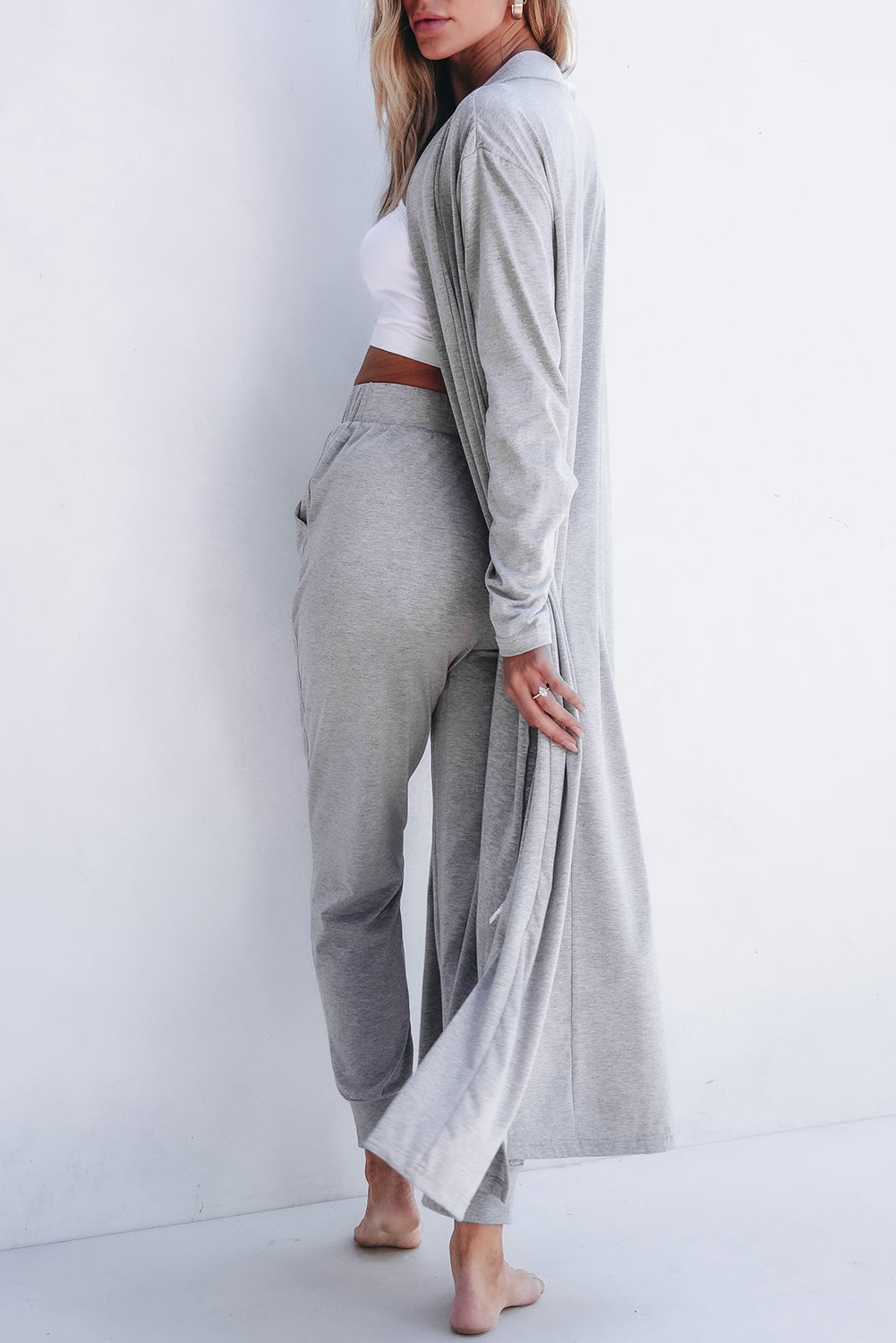 Light Grey Split Long Cardigan & Skinny Pants Lounge Set