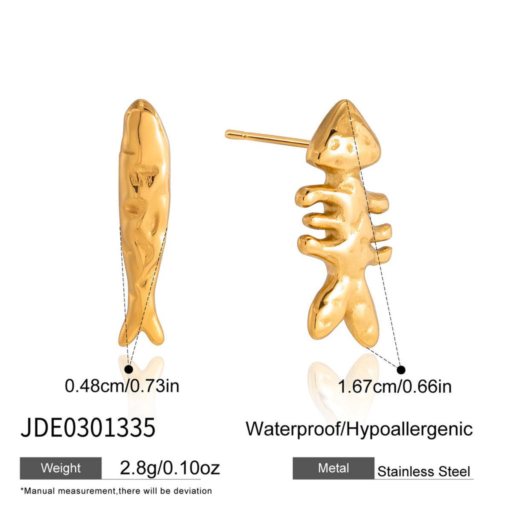 Gold Plated Fishbone Stud Earrings in Polished Stainless Steel