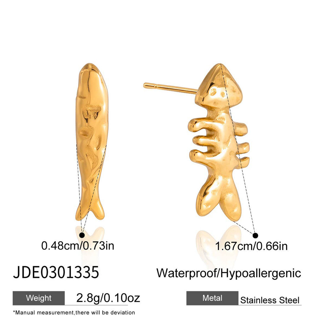 Gold Plated Fishbone Stud Earrings in Polished Stainless Steel