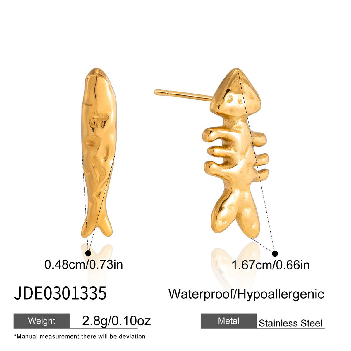 Gold Plated Fishbone Stud Earrings in Polished Stainless Steel